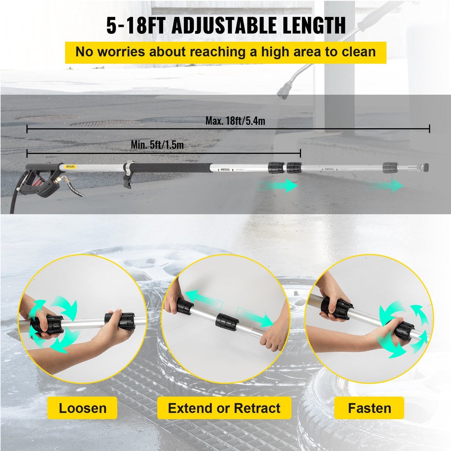 Telescoping Pressure Washer Wand; 18ft Length Adjustable Power Washer Extension Wand; 4000PSI 9GPM Power Cleaning Tools w/ Strap Belt; 5 Nozzle Tips; 3/8'' & 1/4'' Quick Connectors