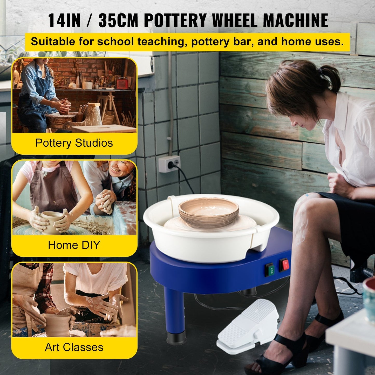 Pottery Wheel, 14in Ceramic Wheel Forming Machine, 0-300RPM Speed 0-7.8in Lift Table Electric Clay Machine, Foot Pedal Detachable Basin Sculpting Tool Accessory Kit for Work Home Art Craft DIY