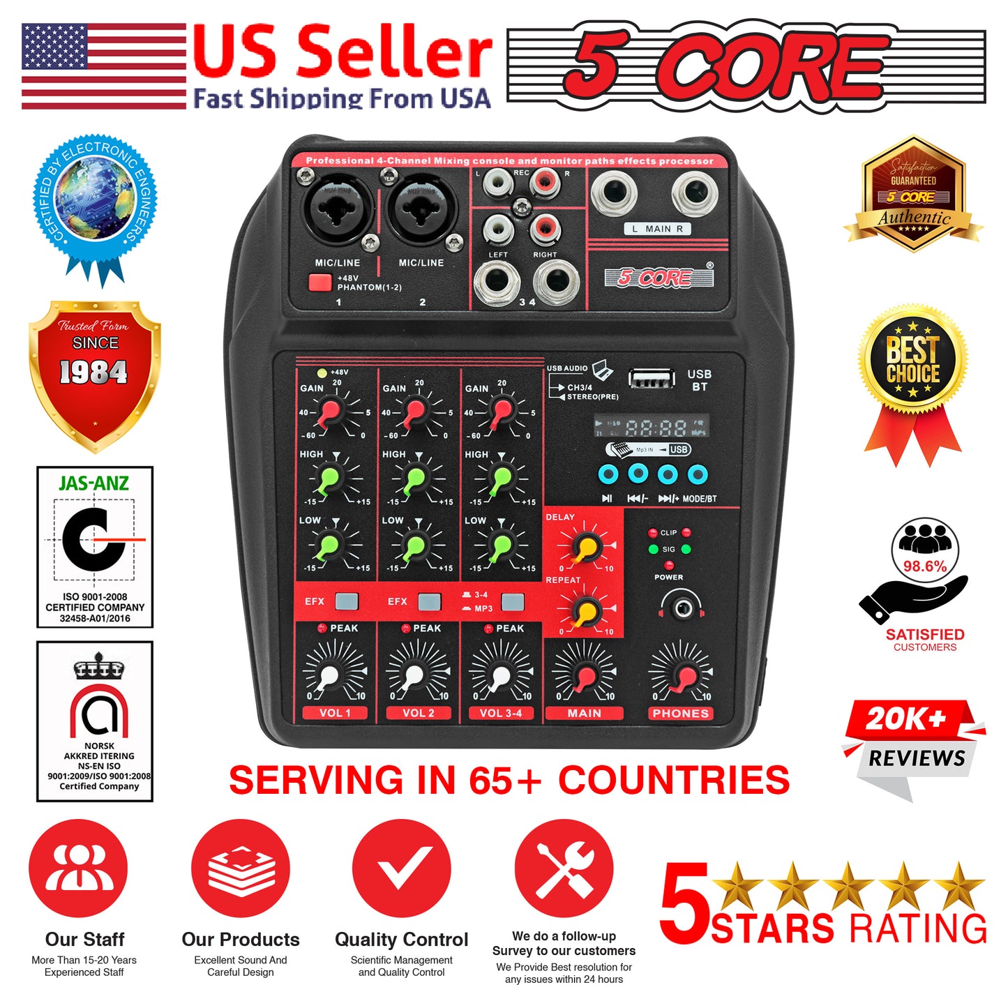 5 Core Audio Interface Mixer 4 Channel PC XLR Bluetooth USB DJ Music Podcast Karaoke Sound Board - MX 4CH