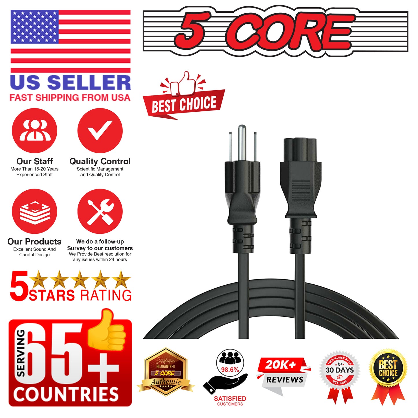 5 Core 12ft 3 Prong Non-Polarized AC Wall Power Cable Cord for HP Dell Samsung Sony Asus Acer Toshiba Laptop Charger LED LCD Monitor Replacement Power Cord PL 1002