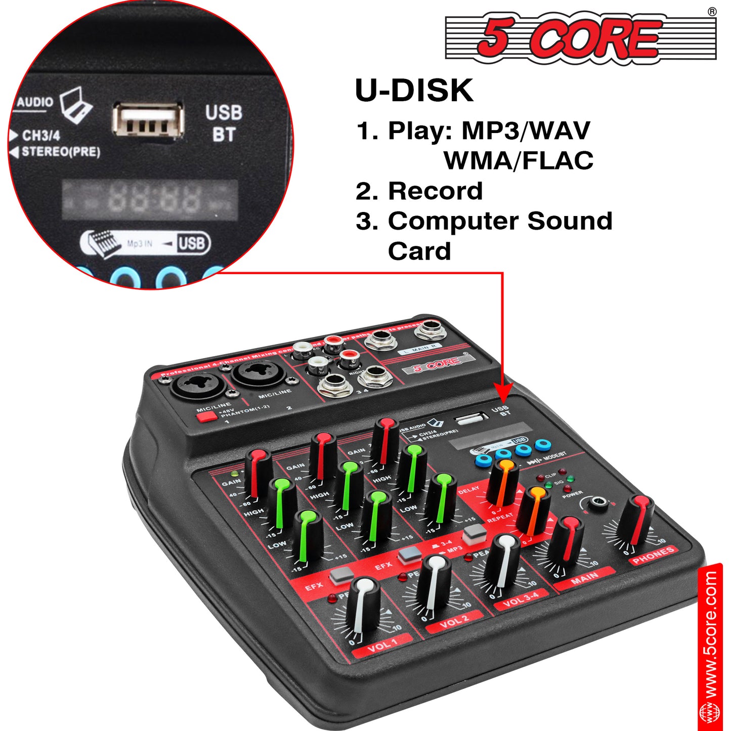 5 Core Audio Interface Mixer 4 Channel PC XLR Bluetooth USB DJ Music Podcast Karaoke Sound Board - MX 4CH