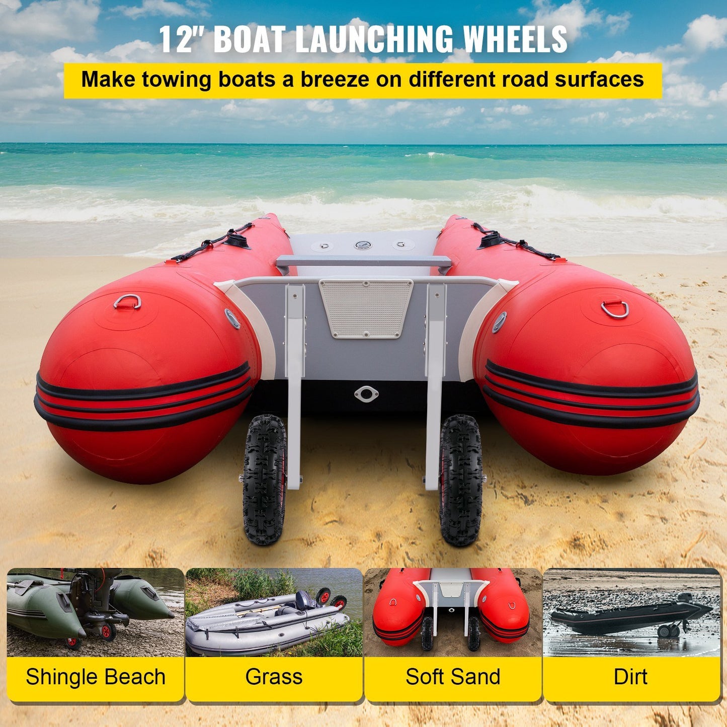 Boat Launching Wheels, 12" Boat Transom Launching Wheel, 600 LBS Loading Capacity Inflatable Boat Launch Wheels, Aluminium Alloy Transom Launching Dolly Wheels with 4 PCS of Quick Release Pins