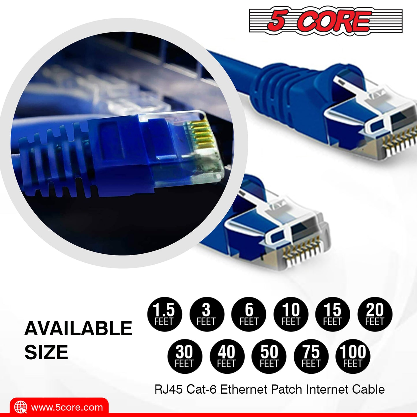 5 Core Ethernet Cable 30 ft / 40 ft Long Cat 6 Computer Internet Patch Cord High Speed WiFi RJ45 for Gaming Indoor Outdoor Use - ET BLU