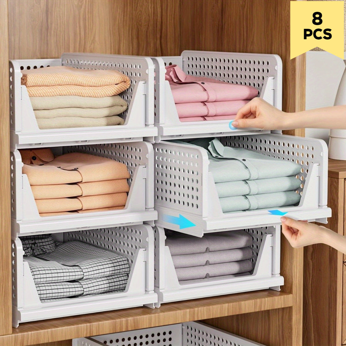 4/8/12/16 Pack Stackable Closet Storage Basket, Multifunctional & Foldable Closet Organizer for Bathroom Kitchen Laundry Room Wardrobe Storage, Space-Saving Clothes Storage Drawer Organizer, White