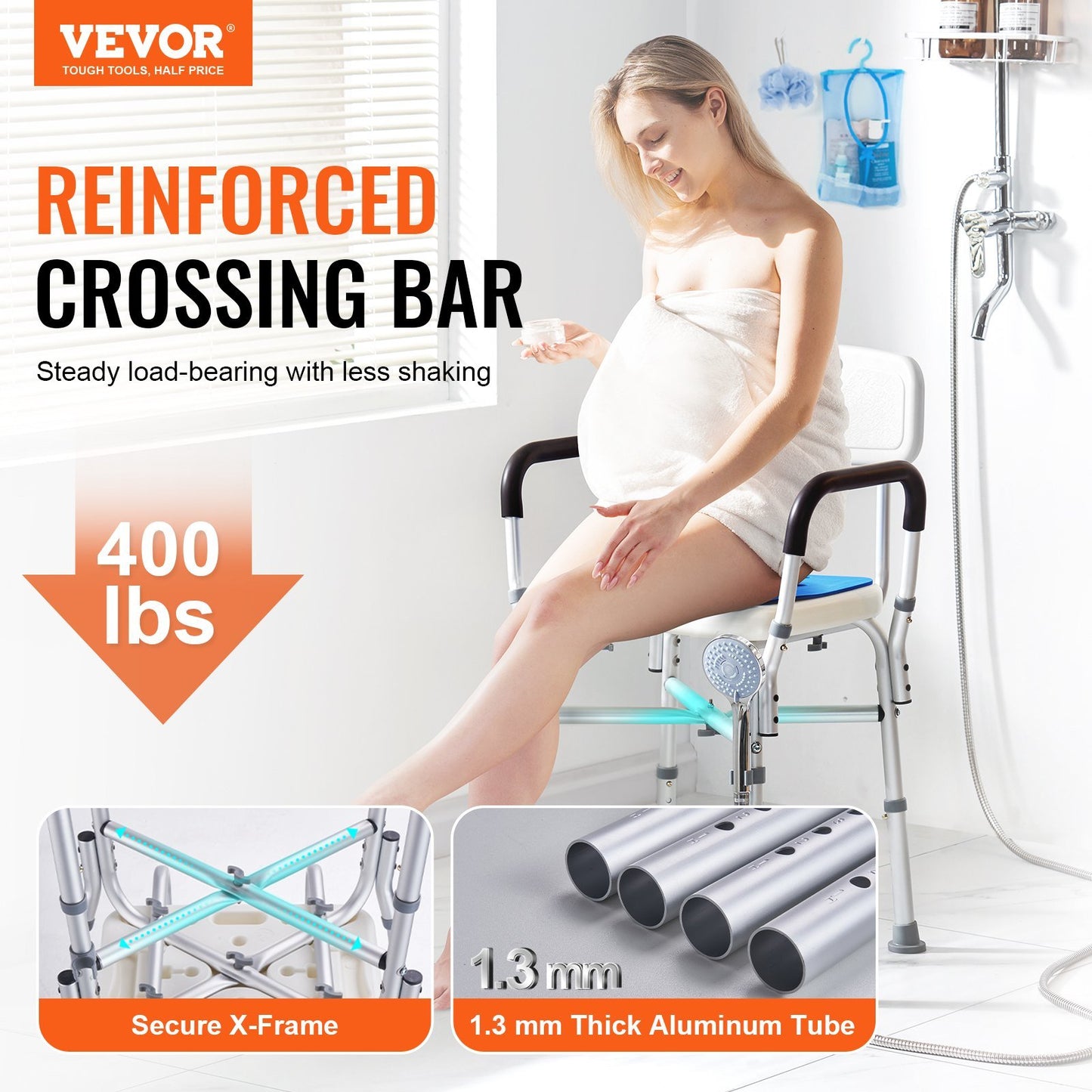 Shower Chair Seat with Padded Arms and Back, Shower Stool with Reinforced CrossBar, Adjustable Height Bench Bath Chair for Elderly Disabled, Shower Chair for Inside Shower Bathtub, 400 lbs