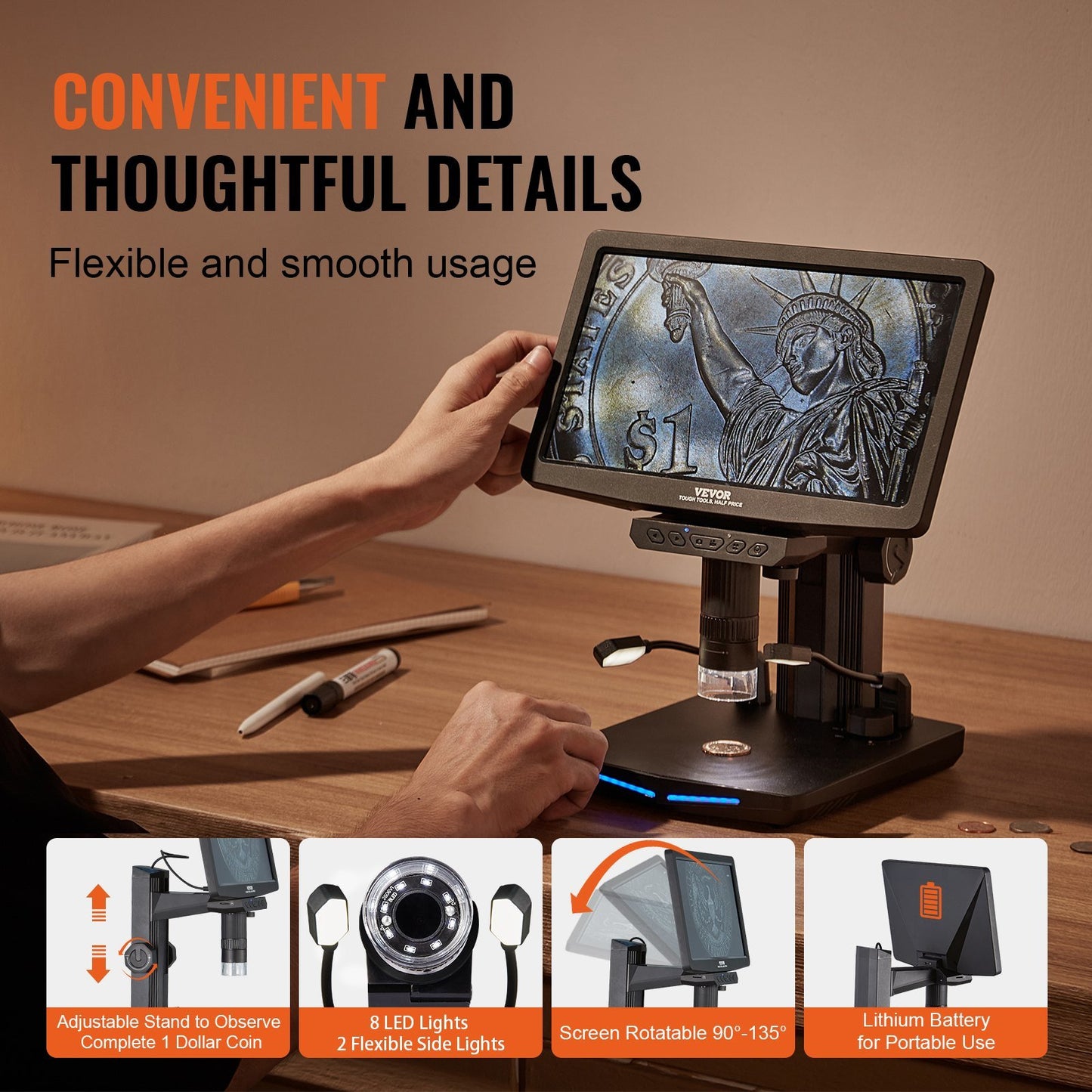 10.1" HDMI LCD Digital Microscope for Adults, Soldering Electron Microscope 1300X with IPS Screen, 8 LED Lights, 2 Flexible Side Lights, PC View, USB Coin Microscope for Windows/MacOS/TV, 32GB