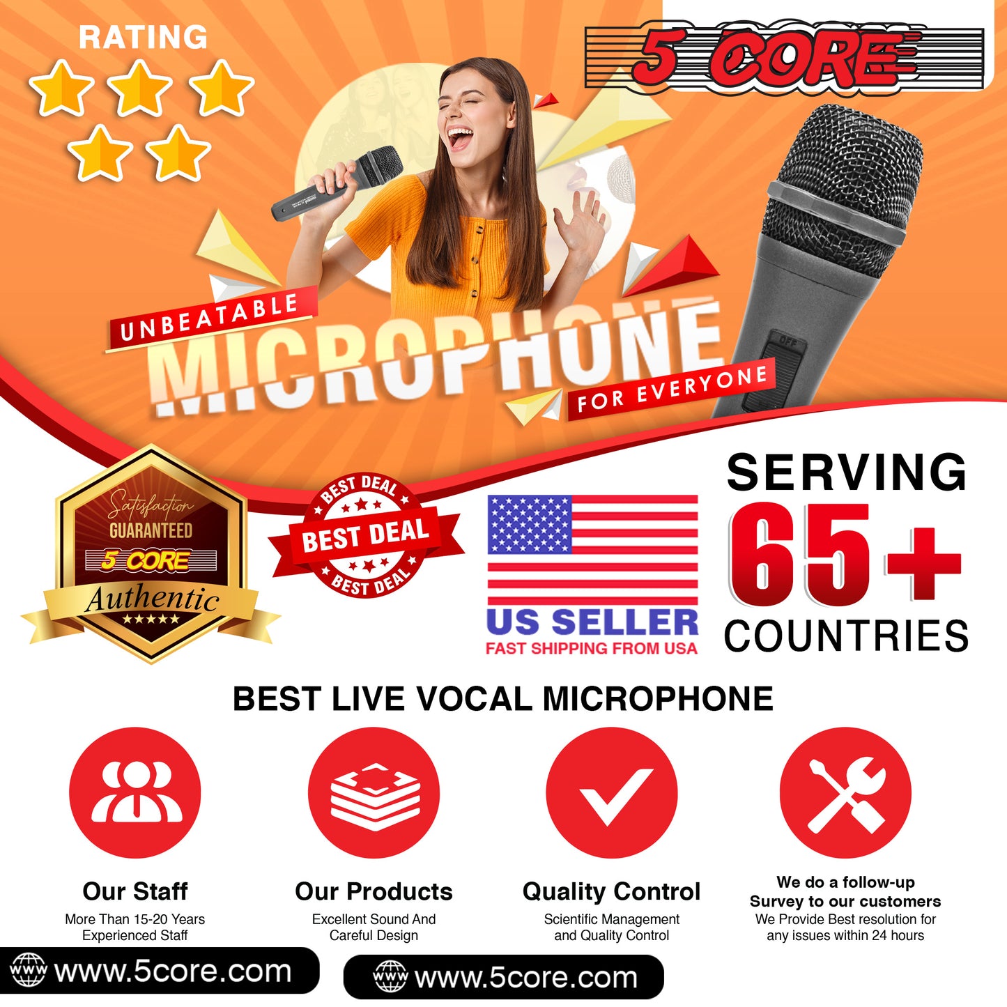 5 Core Microphone XLR Dynamic Mic Karaoke Singing Handheld Microfono Wired Professional Unidirectional 1/4 Plug In Cord Connection for Vocal DJ Music - PM 608