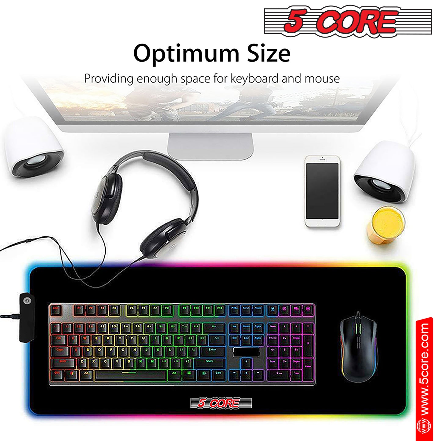 5 CORE Large RGB Gaming Mouse Pad Extended Soft Gaming LED Mouse Pad 31.5x11.8 5 Inch with 12 Lighting Modes Stitched Edges and Non-Slip Rubber Base Oversized Glowing KBP 800 RGB