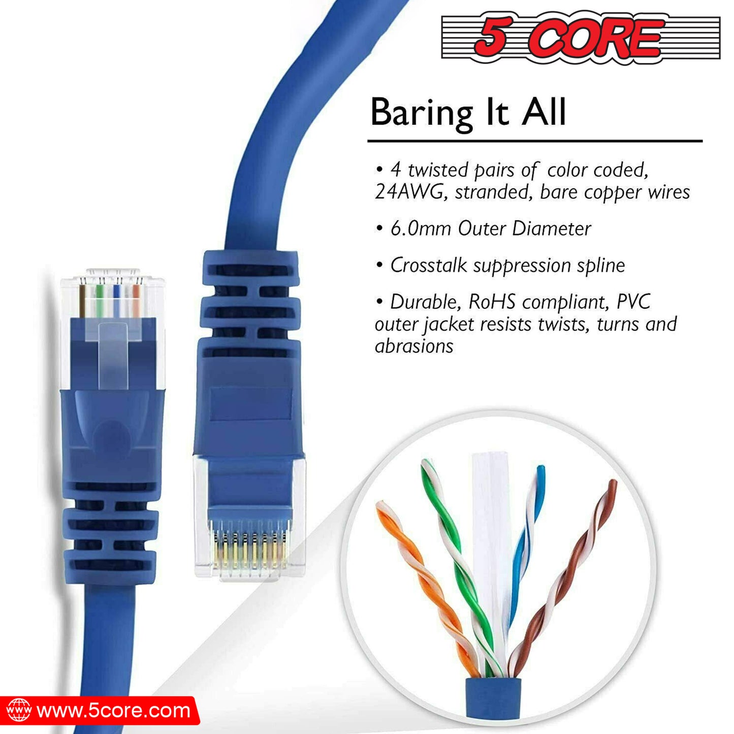 5 Core Ethernet Cable 30 ft / 40 ft Long Cat 6 Computer Internet Patch Cord High Speed WiFi RJ45 for Gaming Indoor Outdoor Use - ET BLU