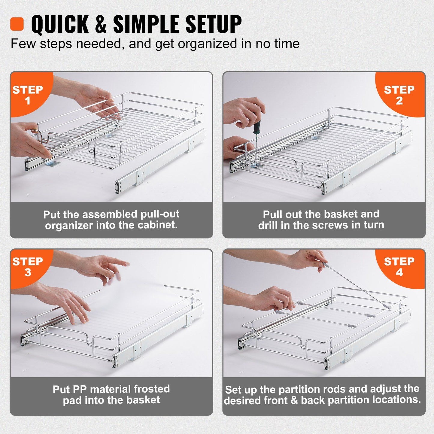 11"W x 21"D Pull Out Cabinet Organizer, Heavy Duty Slide Out Pantry Shelves, Chrome-Plated Steel Roll Out Drawers, Sliding Drawer Storage for Home, Inside Kitchen Cabinet, Bathroom, Under Sink