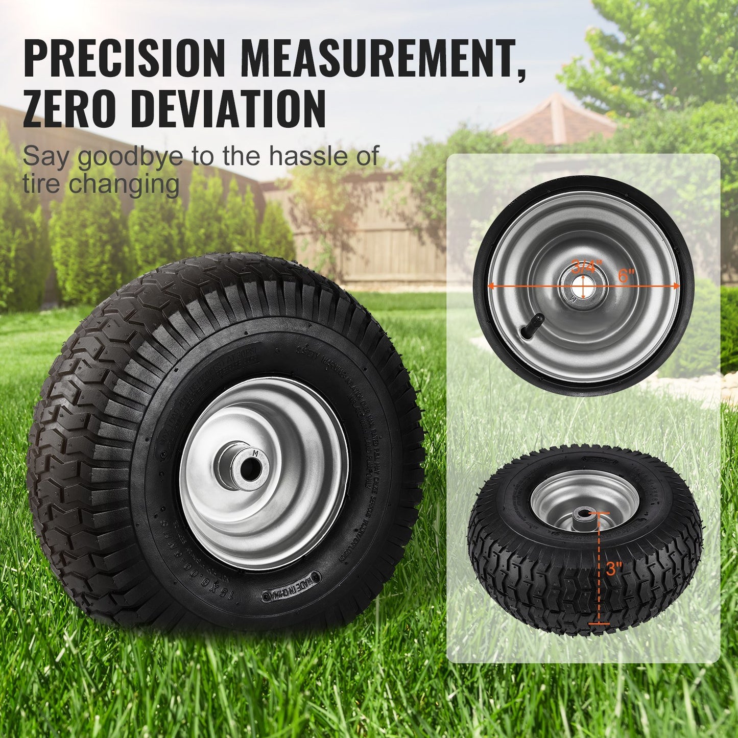 Lawn Mower Tires, 15x6-6" Lawn Tractor Tires, 2-Pack Tire and Wheel Assemblies, Turf Pneumatic Tires with 3" Centered Hub and 3/4" Bushing Size, 16 PCS Adapters for Riding Mowers Lawn Tractors