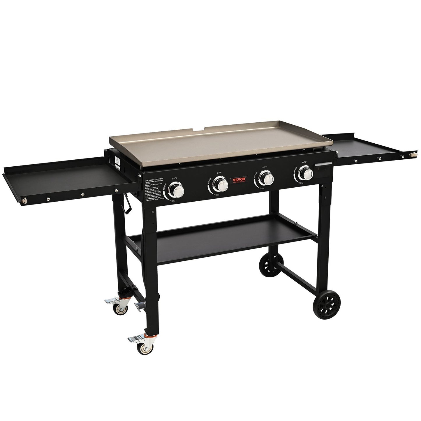 Commercial Griddle on Cart, 36" Heavy Duty Manual Flat Top Griddle, Outdoor Cooking Station with Side Shelves, Steel LPG Gas Griddle, 4-Burners Restaurant Portable Grill - 60,000 BTU