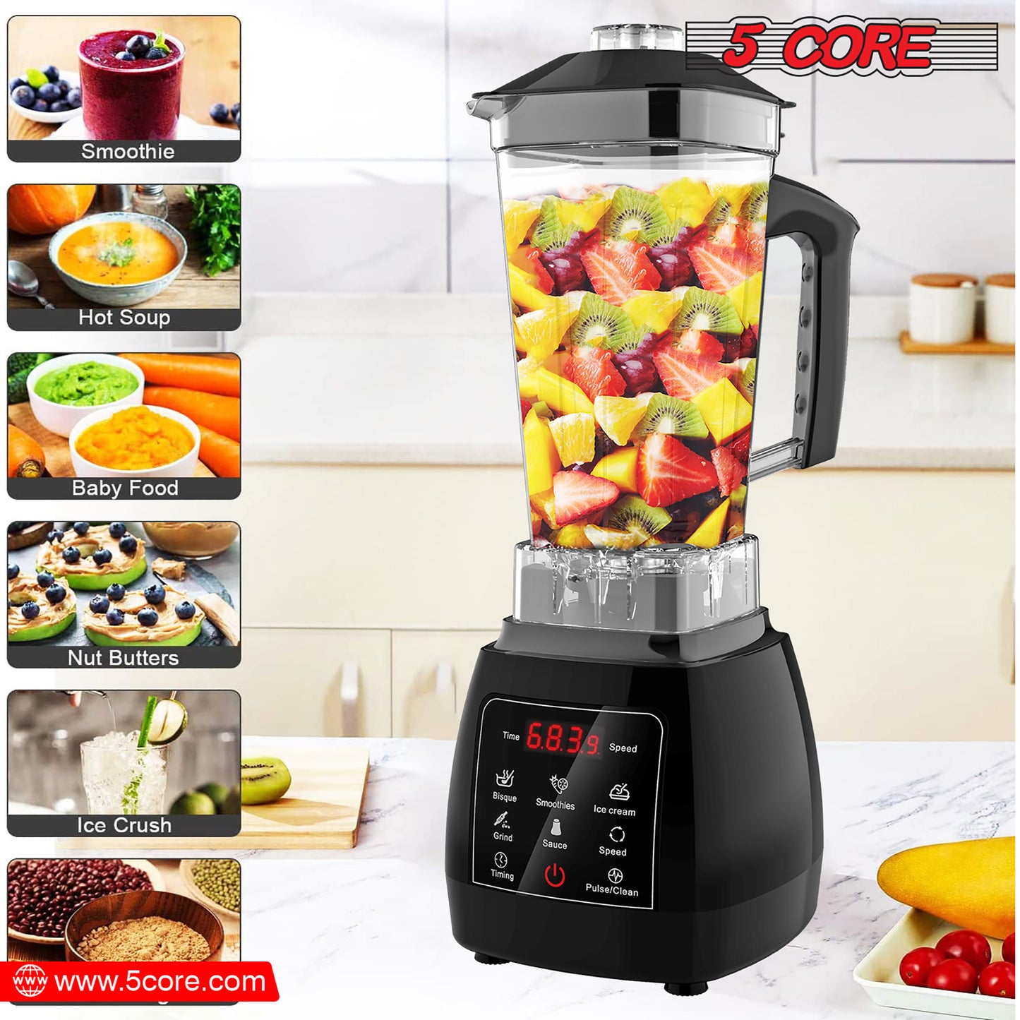 5 Core 2L Professional Countertop Blender Touch Screen For Kitchen 68 Oz 2000W High Speed BPA Free 6 Titanium Blade Smoothie Blender Electric For Soup Shake Juice Multi-Speed Digital JB 2000 D