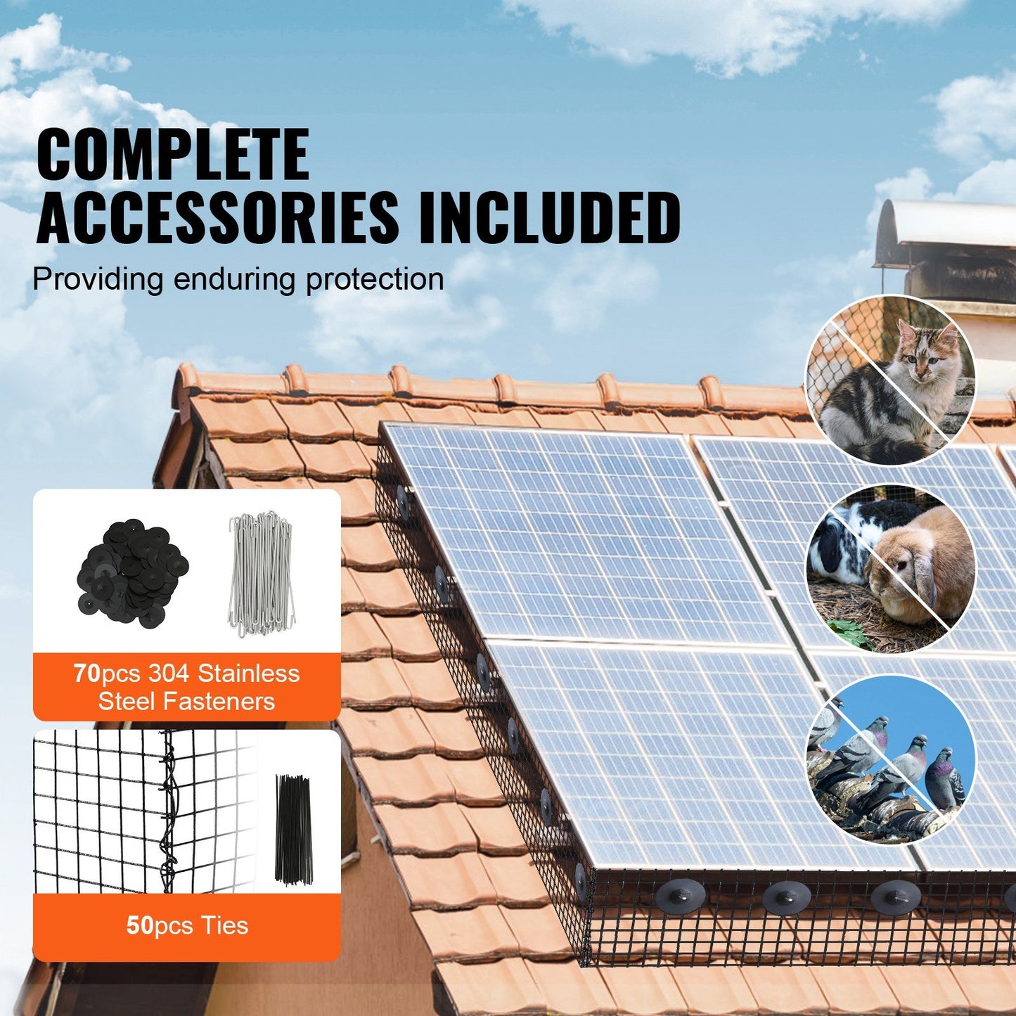 8 inch x 100ft Solar Panel Bird Guard, Critter Guard Roll Kit with 70pcs Stainless Steel Fasteners, Solar Panel Guard with Rust-proof PVC Coating, 1/2 inch Wire Roll Mesh