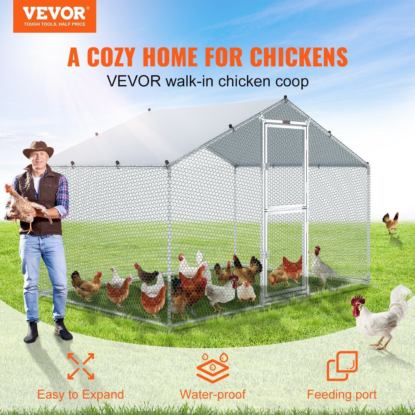 Large Metal Chicken Coop with Run, Walkin Chicken Coop for Yard with Waterproof Cover, 6.6 x 9.8 x 6.6 ft, Peaked Roof Large Poultry Cage for Hen House, Duck Coop and Rabbit Run, Silver