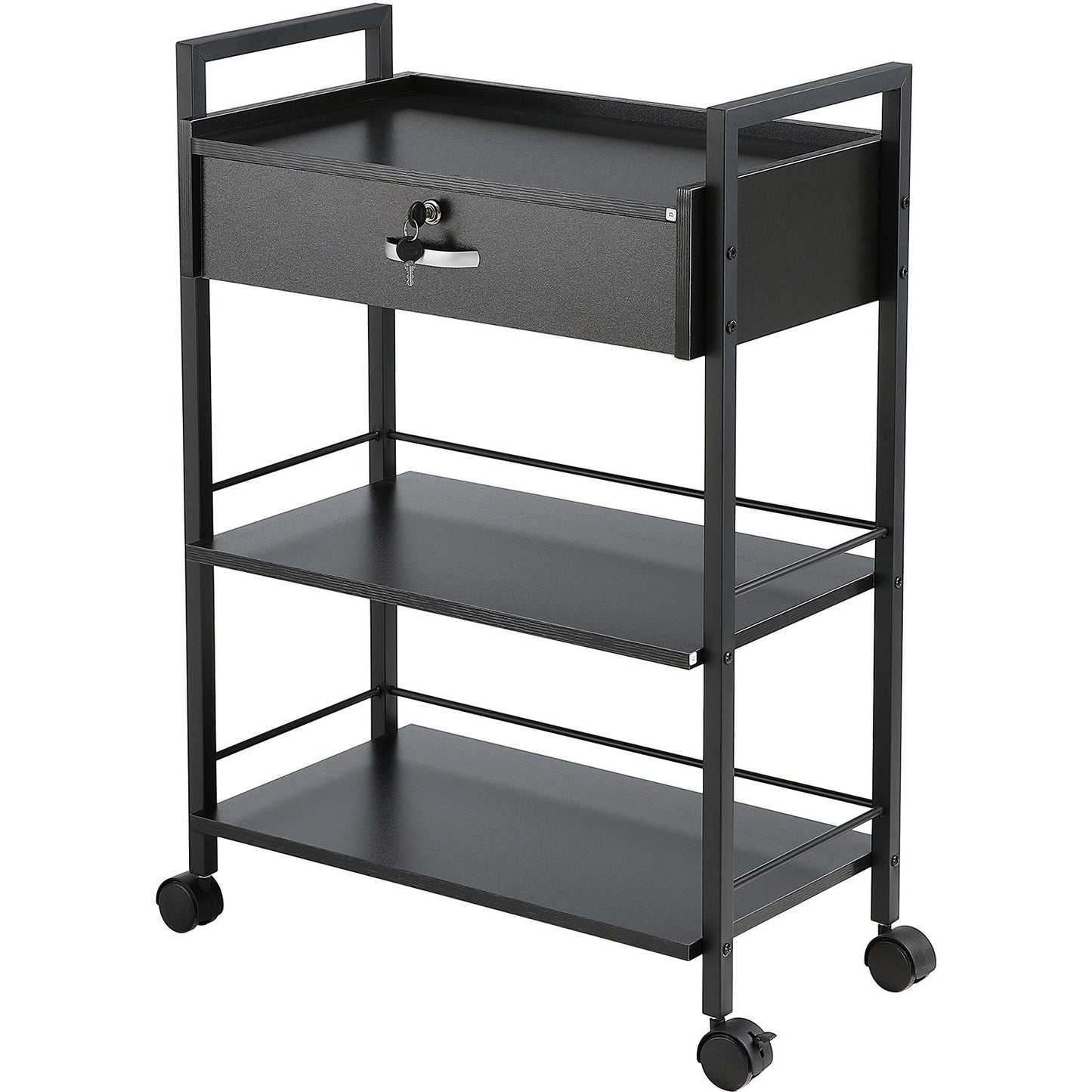 Beauty Salon Trolley Cart, 3-Tier Hair Salon Stations Cabinet for Stylist with Lockable Drawer, MDF Rolling Storage Station with 4 Wheels (2 Lockable) for Beauty SPA Barbershop Tattoo