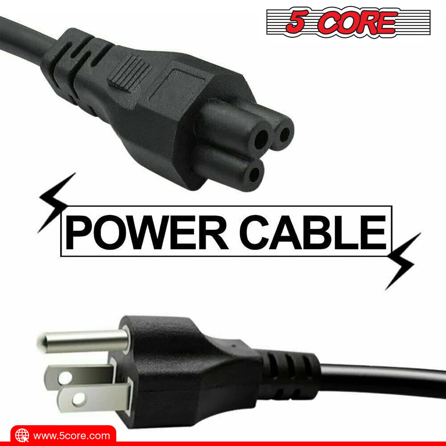 5 Core 12ft 3 Prong Non-Polarized AC Wall Power Cable Cord for HP Dell Samsung Sony Asus Acer Toshiba Laptop Charger LED LCD Monitor Replacement Power Cord PL 1002