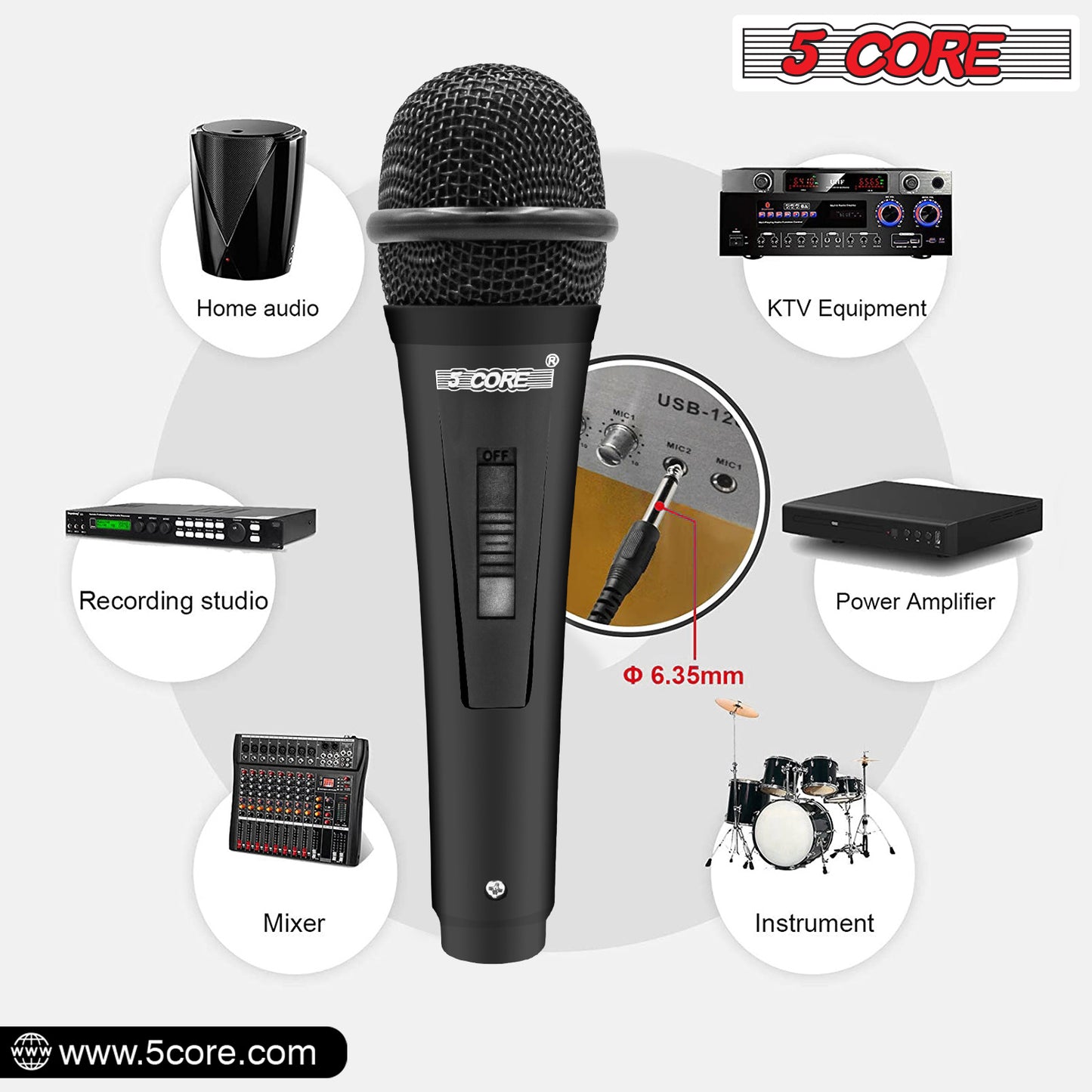 5 Core Microphone XLR Dynamic Mic Karaoke Singing Handheld Microfono Wired Professional Unidirectional 1/4 Plug In Cord Connection for Vocal DJ Music - PM 816