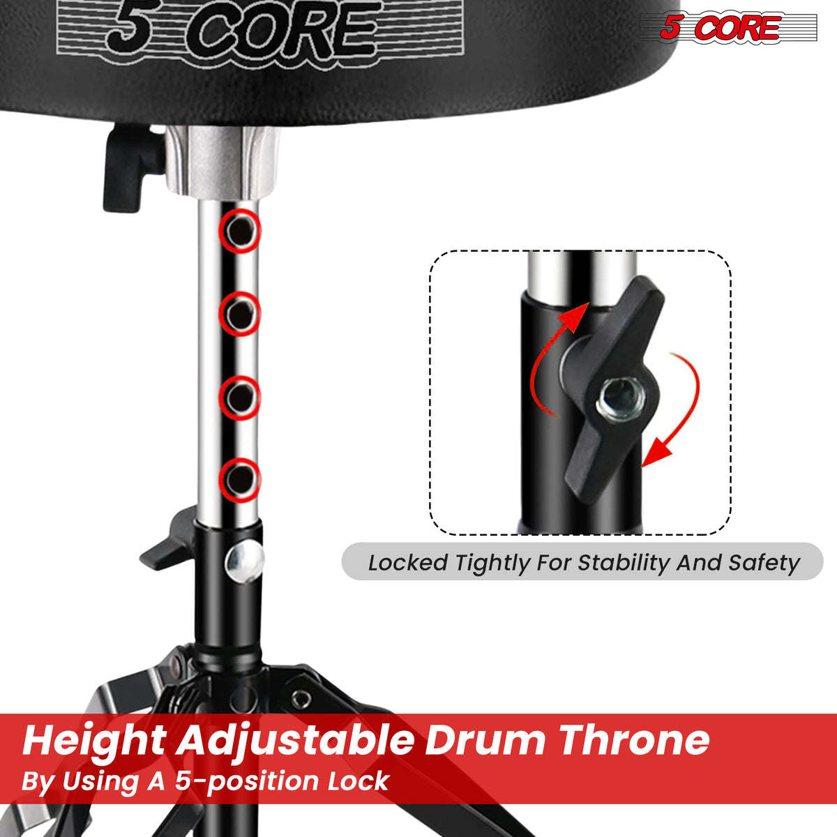 5 Core Drum Throne Padded Guitar Stool Height Adjustable Drummer Seat Music Chair for Adults And Kids - BLACK