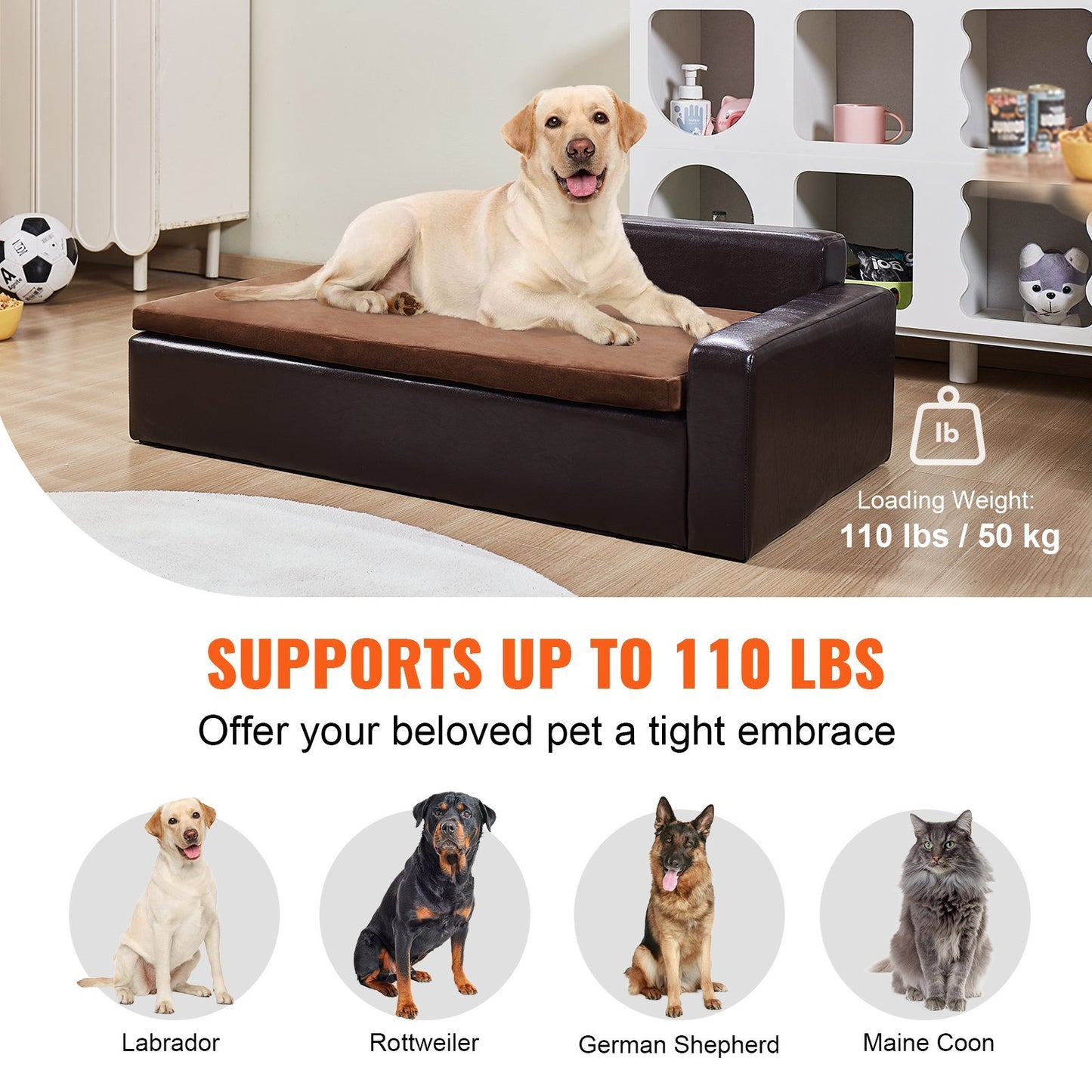 Pet Sofa, Dog Couch for Large-Sized Dogs and Cats, Soft Leather Dog Sofa Bed, 110 lbs Loading Cat Sofa, Black