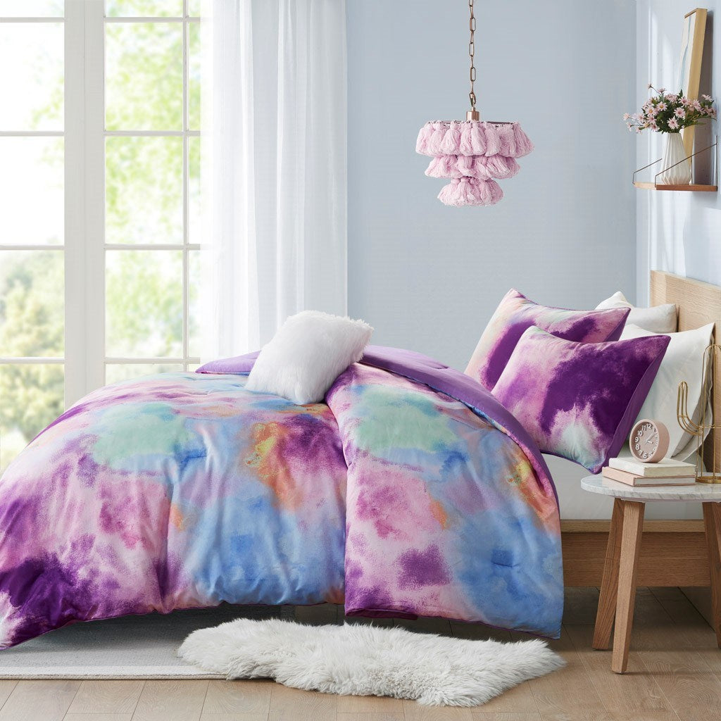 Comforter Set Watercolor Tie Dye Printed Comforter Set with Throw Pillow