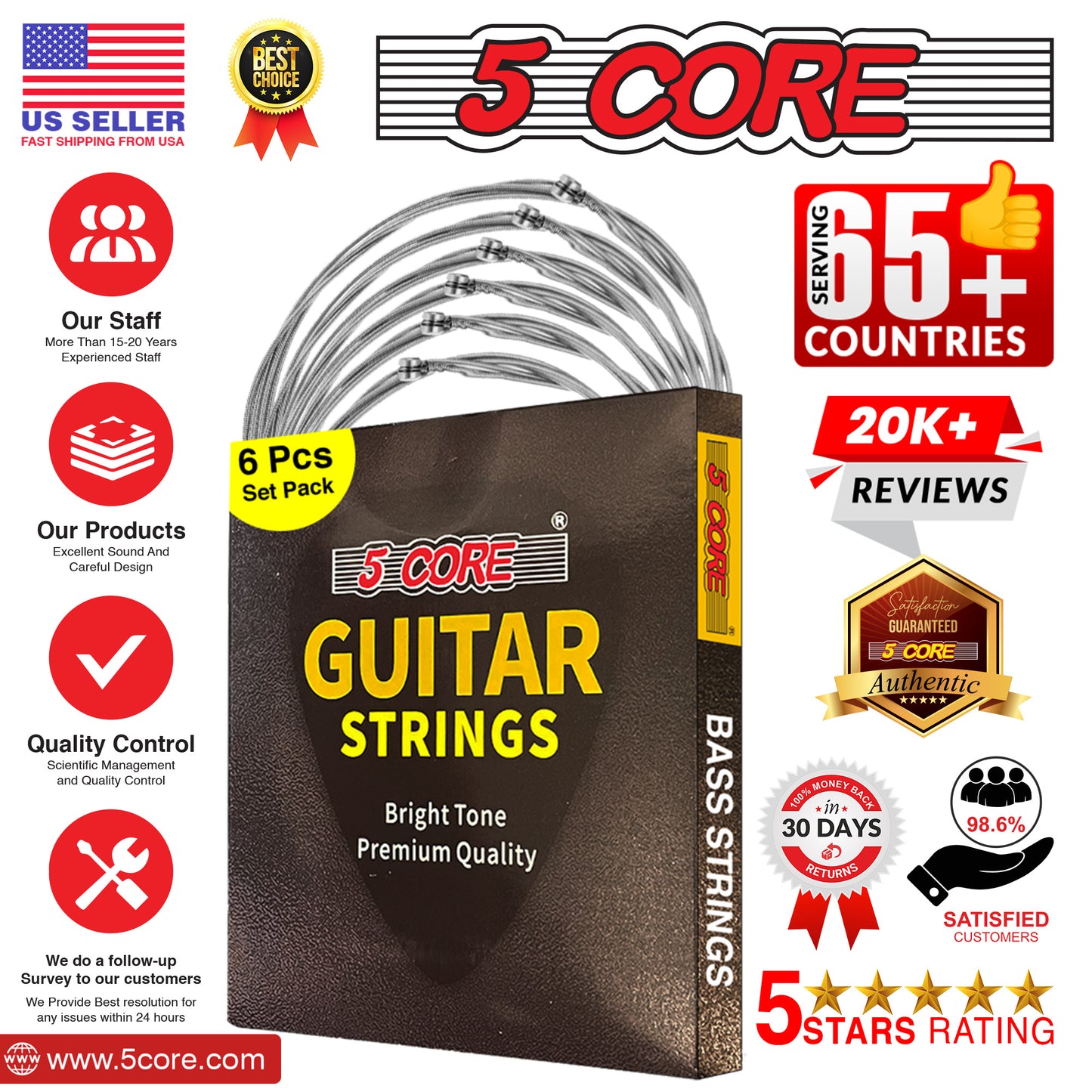 5 Core Bass Electric Guitar Strings | Pure Nickel Guitar String Gauge .010-.048 | Rich, Full Tonal Spectrum String (6 String Set) - GS EL BSS