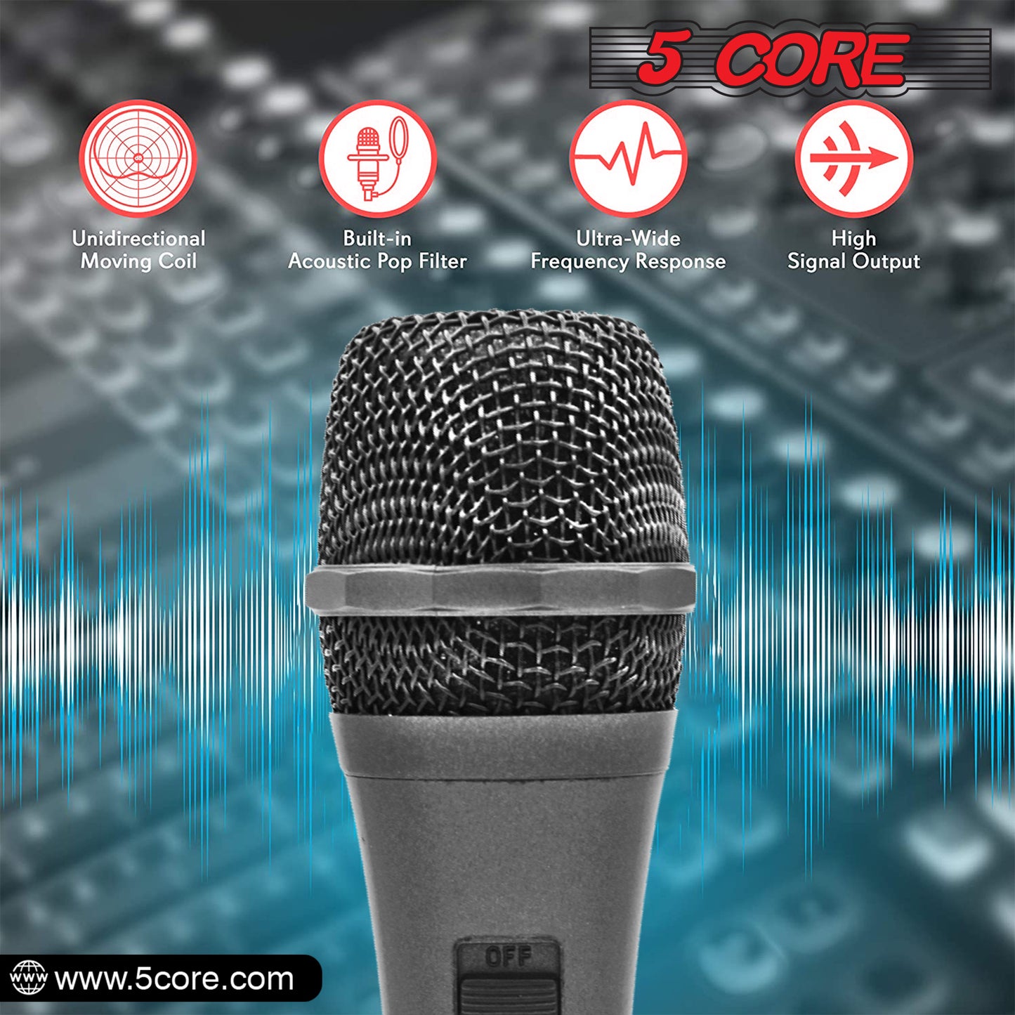 5 Core Microphone XLR Dynamic Mic Karaoke Singing Handheld Microfono Wired Professional Unidirectional 1/4 Plug In Cord Connection for Vocal DJ Music - PM 608