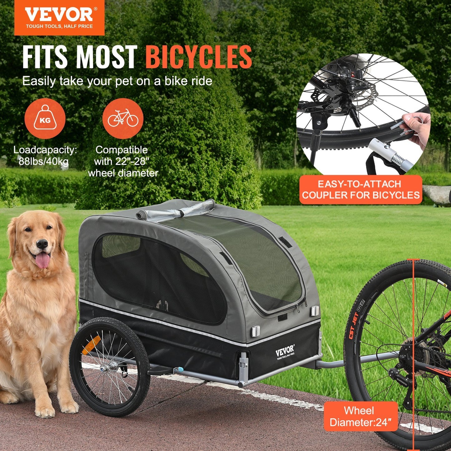 Dog Bike Trailer, Supports up to 88 lbs, Pet Cart Bicycle Carrier, Easy Folding Frame with Quick Release Wheels, Universal Bicycle Coupler, Reflectors, Flag, Collapsible to Store, Black/Gray