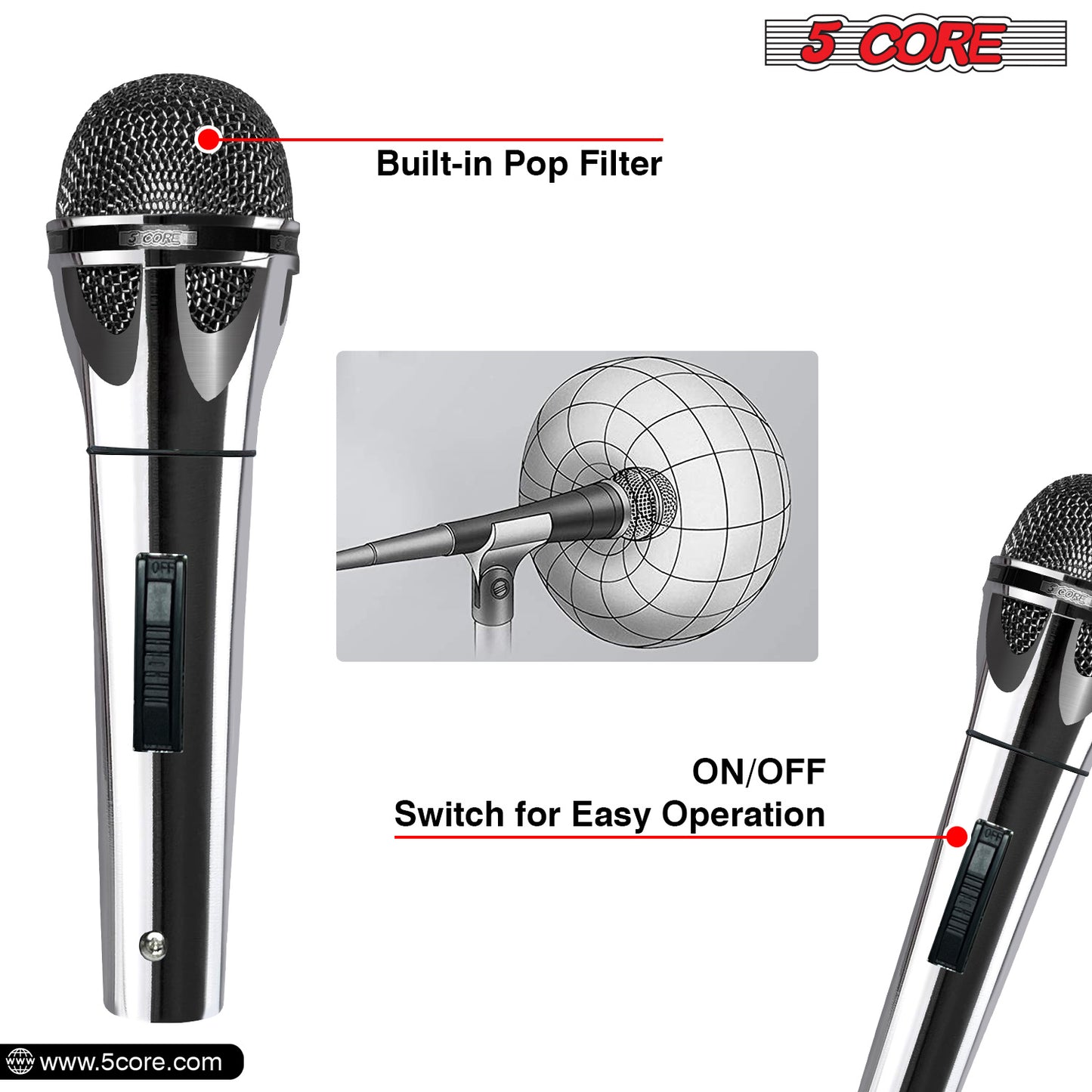 5 Core Microphone XLR Dynamic Mic Karaoke Singing Handheld Microfono Wired Professional Unidirectional 1/4 Plug In Cord Connection for Vocal DJ Music - PM 817 CH