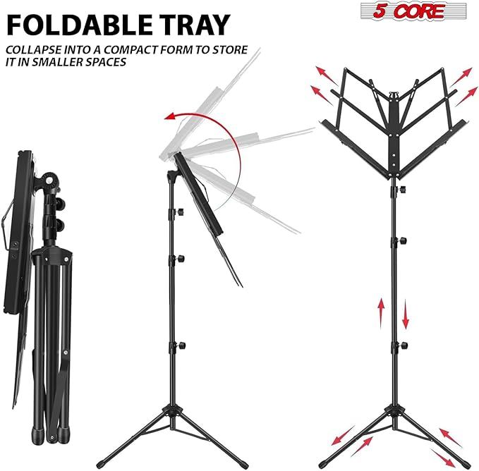 5 Core Music Stand 2 in 1 Dual Use Sheet Music Professional Portable Adjustable 27.6-67 Inch Folding Music Note Holder Tripod Stands - MUS FLD 4S BLK WLGT