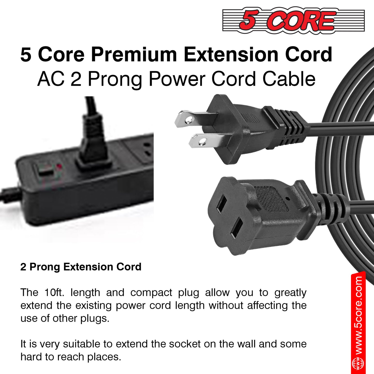 5 Core AC Power Cord 12 Ft • 2 Prong Extension Adapter • 16AWG/2C 125V 13A • US Polarized Male to Female Outlet Extension Cable Black- EXC BLK 12FT