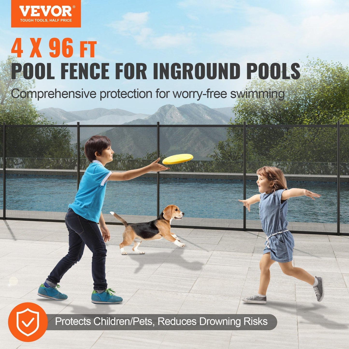 Pool Fence, 4 x 96 FT Pool Fences for Inground Pools, Removable Child Safety Pool Fencing, Easy DIY Installation Swimming Pool Fence, 340gms Teslin PVC Pool Fence Mesh Protects Kids and Pets