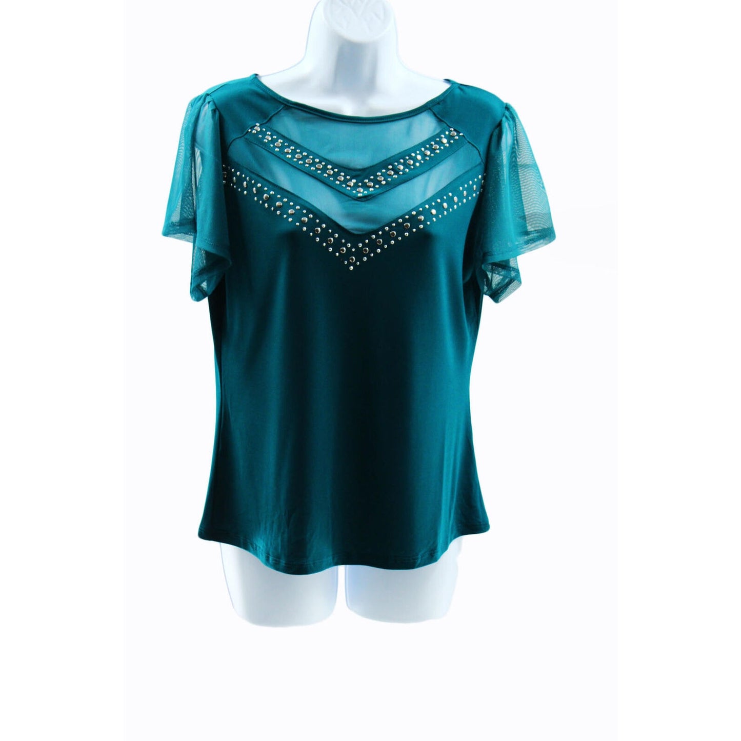 Petite Studded Short Flutter Sleeve Top Size Petite Medium Green